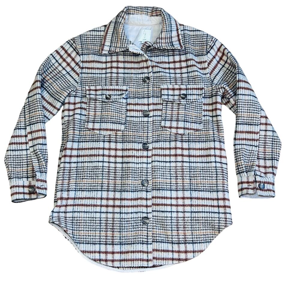 Joie Plaid Wool Blend Shacket Fall Jacket Button Down Tan Brown Check Small